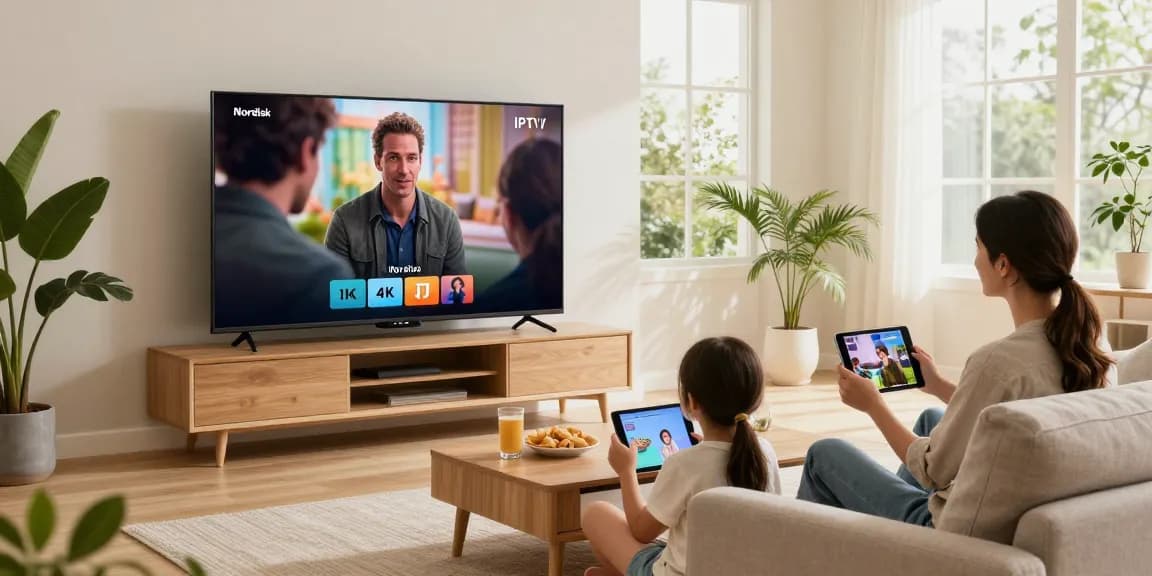 Familjesammankomst som njuter av Nordisk IPTV med 4K-underhållning i en mysig vardagsrumsmiljö