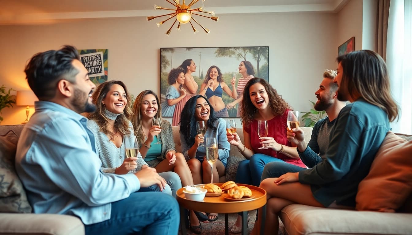 Svenska nakenbilder showcased in a lively atmosphere with friends enjoying a fun party, capturing playful and flirty interactions.