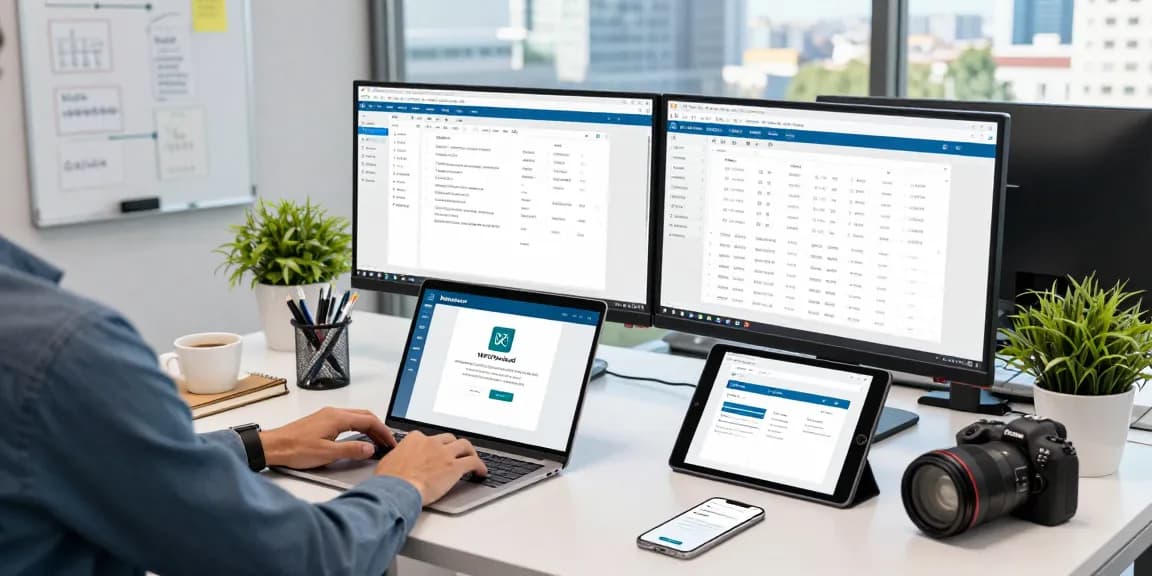 WPS Download process at a modern office workspace showcasing productivity tools and technology.