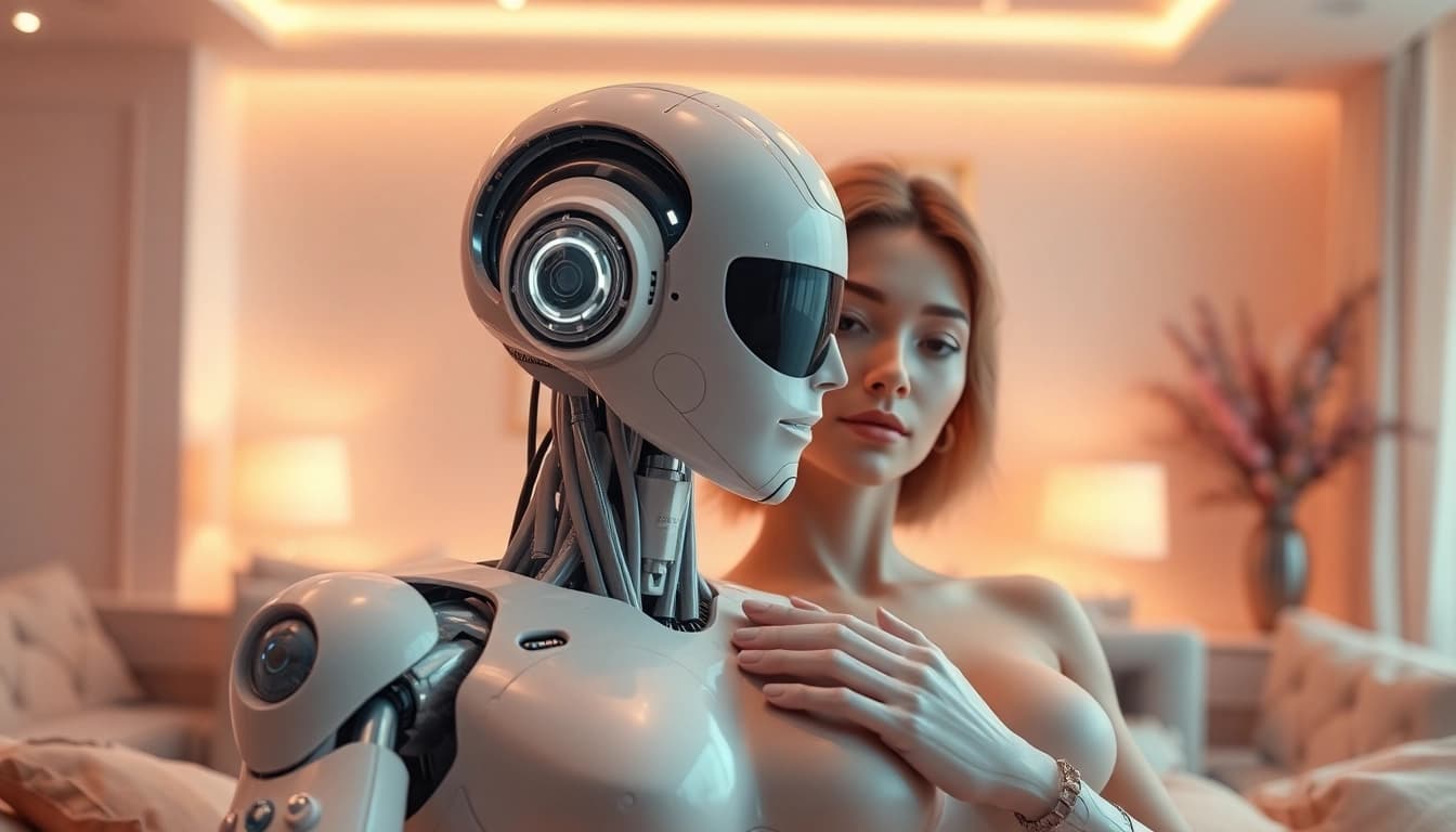 A stunningly lifelike sex bot engaging in a cozy, futuristic setting, showcasing advanced AI features and intimate interaction.