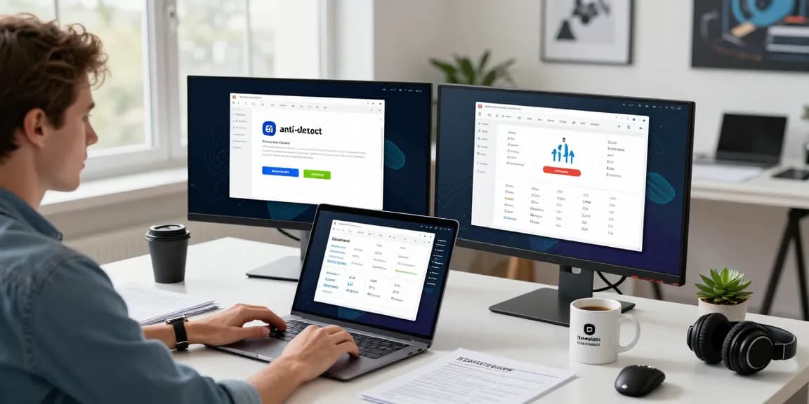 Användning av anti-detect webbläsare i ett modernt kontorsutrymme med fokus på digital integritet.
