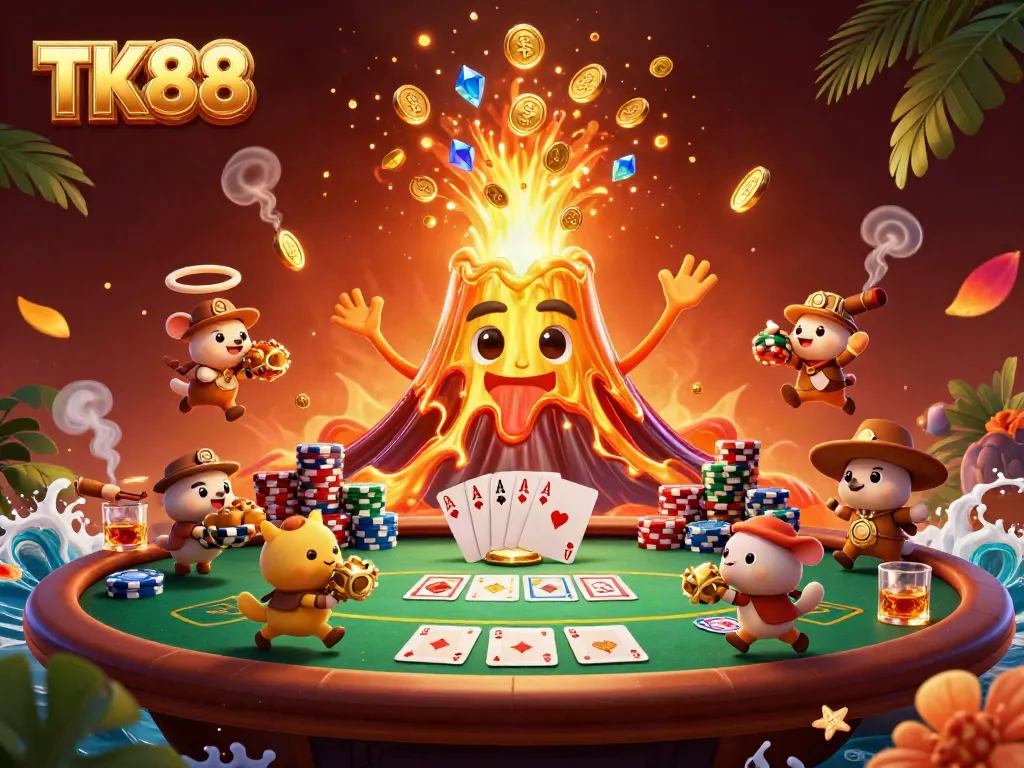 Experience the thrill of winning with TK88 in a vibrant, ultra-detailed casino scene showcasing treasure and poker.