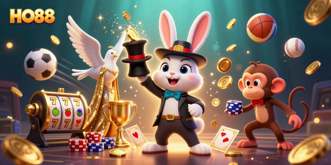 HO88 captures players’ excitement with a magician rabbit pulling coins while slinging slot reels and sports balls.