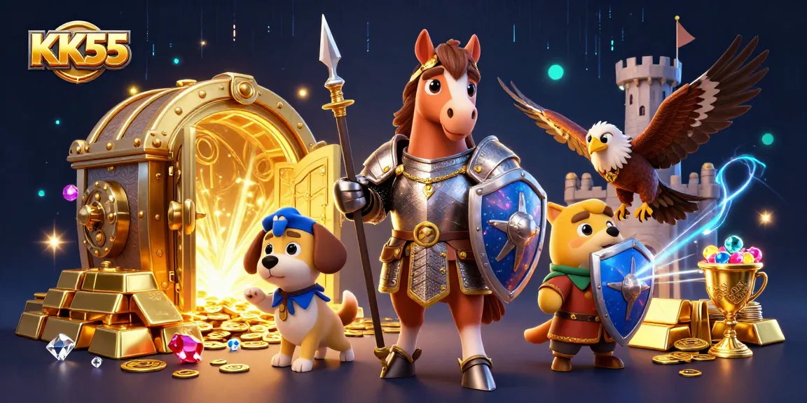 Experience KK55's exciting gaming world with vibrant coin treasures and dynamic characters.