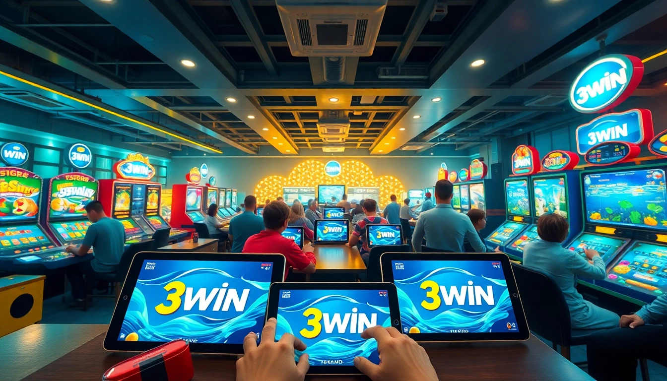 Exciting online gaming scene with 3WIN logo, showcasing diverse players enjoying casino and fishing games.