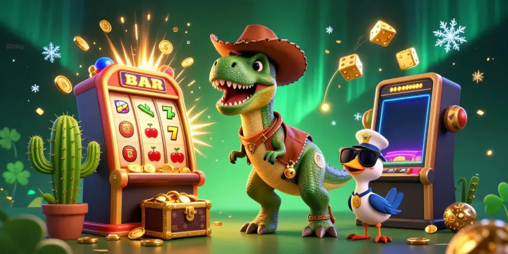 Experience thrilling gameplay at gavang with a vibrant 3D cartoon cowboy dinosaur and festive casino elements in a lively slot scene.