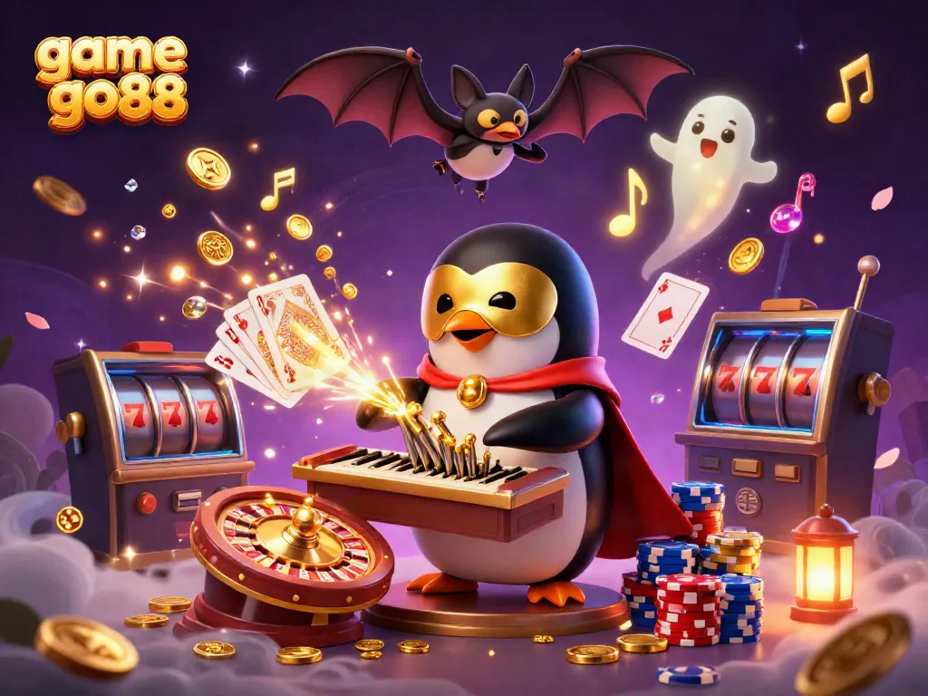 Engage with game go88 through an enchanting casino scene featuring a penguin organist and rich gaming elements.