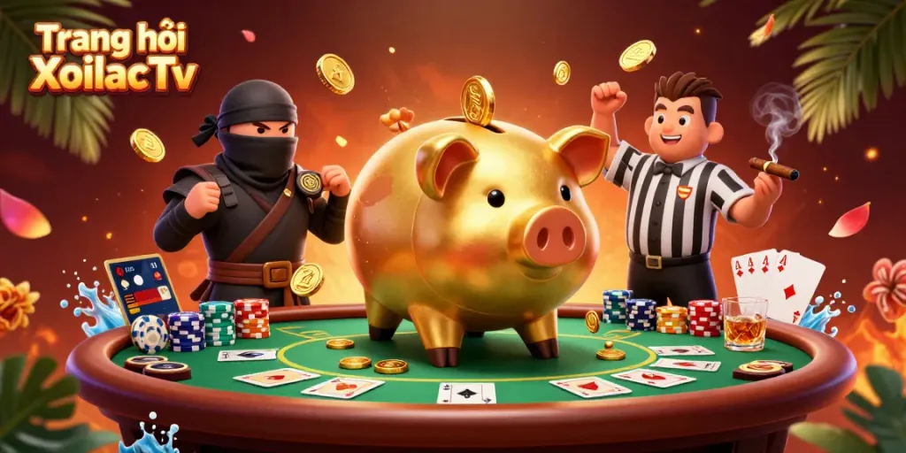 Engage with Trang chủ XoilacTv featuring a golden piggy bank sumo wrestler in an action-packed poker scene.