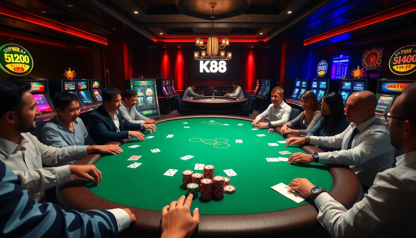 Players engaging in high-stakes poker at a luxurious KP88 casino table, surrounded by vibrant slot machines.