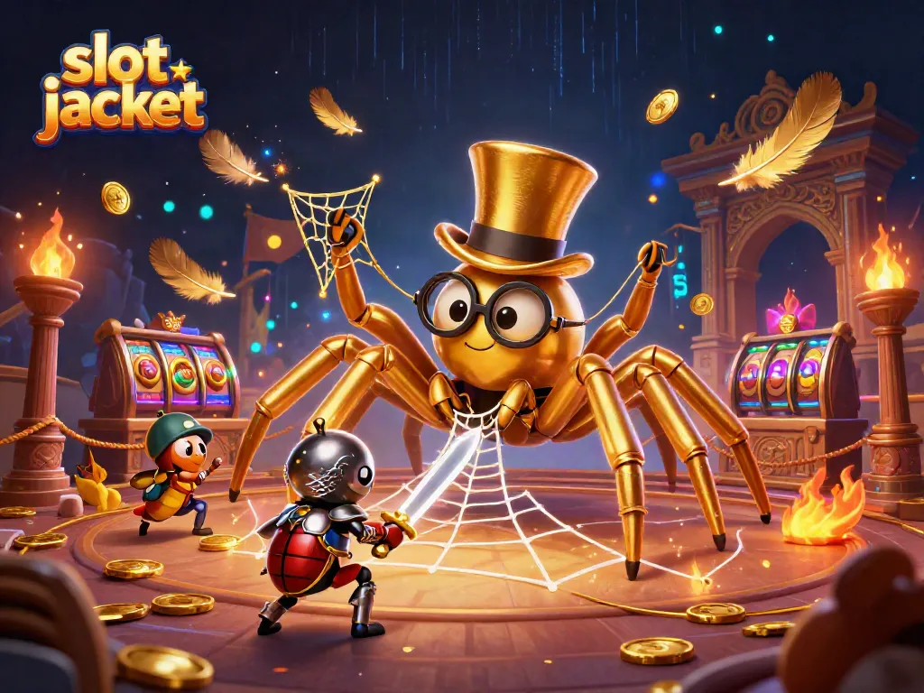 Winning big at slot jackpot with golden tarantula and beetle knight in dynamic casino scene.