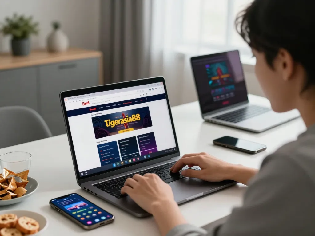 Engaged gambler using the tigerasia88 site for online sports betting.