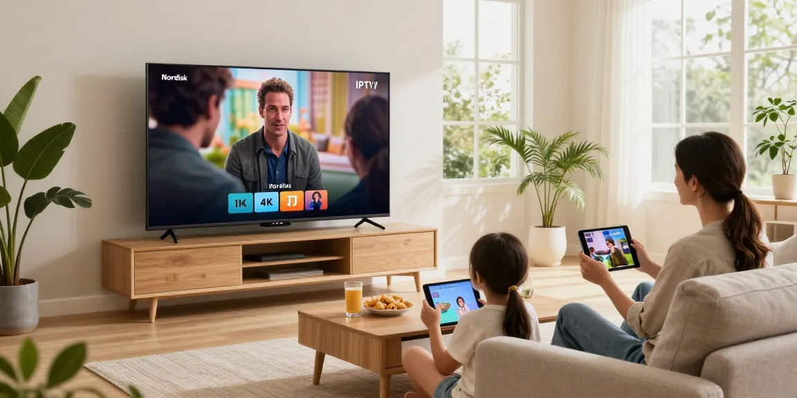 Familjesammankomst som njuter av Nordisk IPTV med 4K-underhållning i en mysig vardagsrumsmiljö
