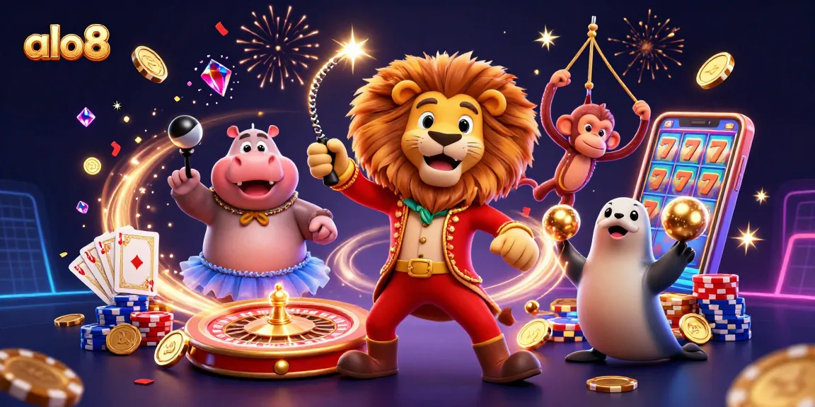 Experience the thrill of alo8 with a vibrant 3D casino scene featuring animated characters and sparkling elements.