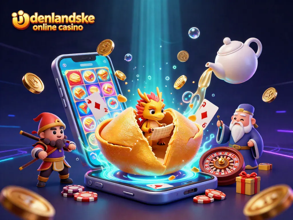 Engage with udenlandske online casino through vibrant gaming elements, featuring golden fortune cookie, dragon, and slot games.