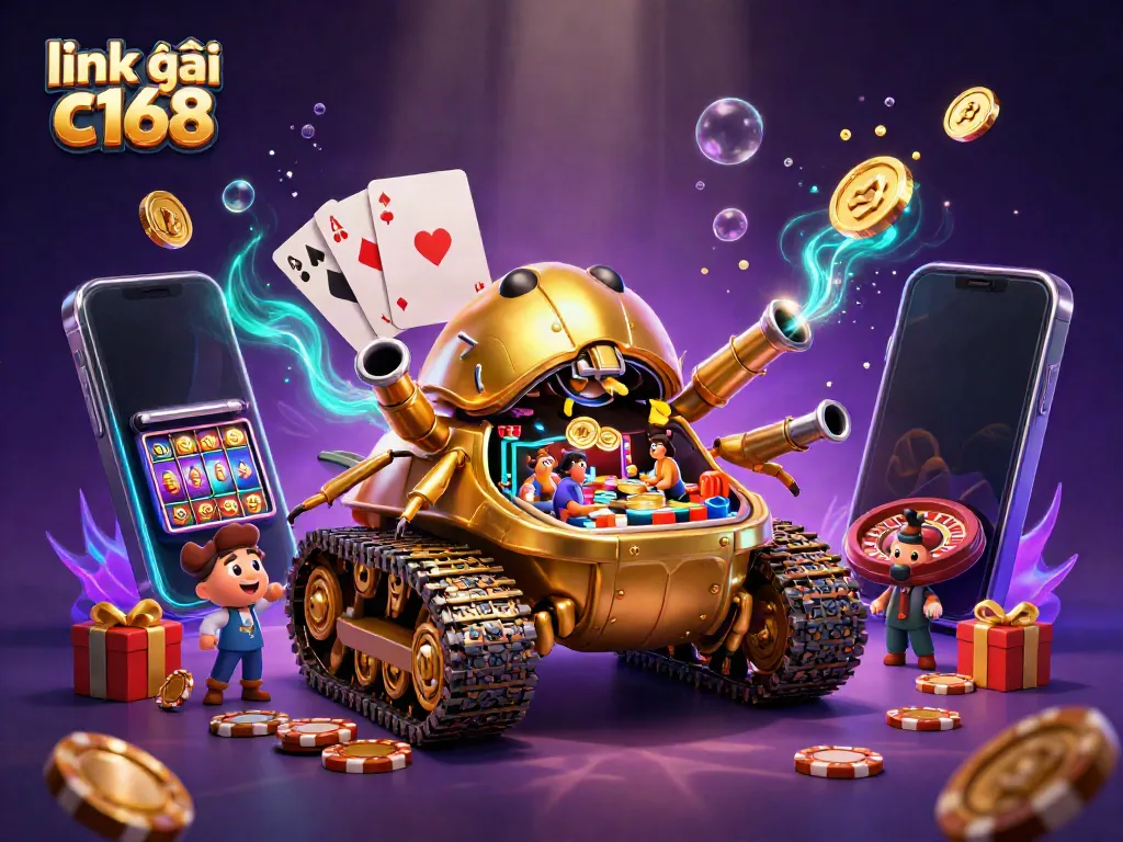 Experience the excitement of link vào c168 with a vibrant, animated casino scene featuring a golden beetle tank and dynamic game elements.