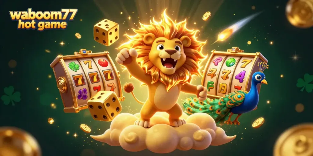 Experience the excitement with waboom77 hot game featuring vibrant slot symbols and a dynamic lion character.