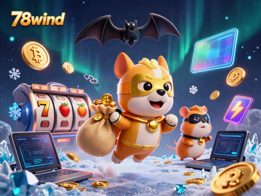 Play thrilling games at 78wind, featuring a dynamic superhero dog, slots, and shimmering coins.