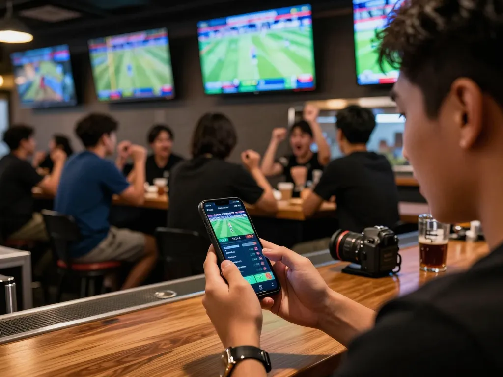 Engaging sports betting moment with kèo nhà cái hôm nay displayed, person focused on smartphone app in a lively bar.