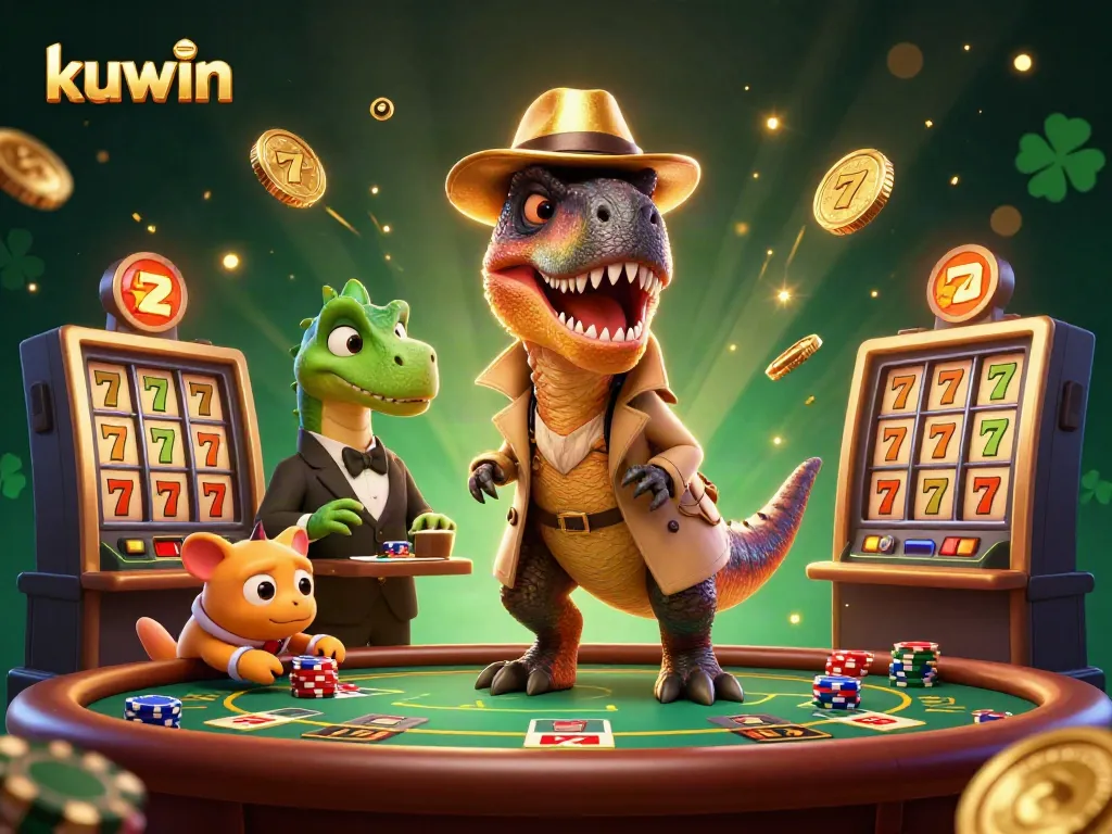 kuwin showcases a velociraptor card counter at a blackjack table, surrounded by intriguing casino elements.