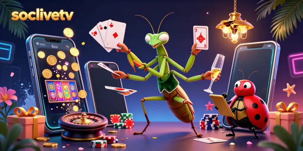 Experience thrilling gameplay with socolivetv as the mantis card sharp deals cards and pours champagne in a vibrant casino.