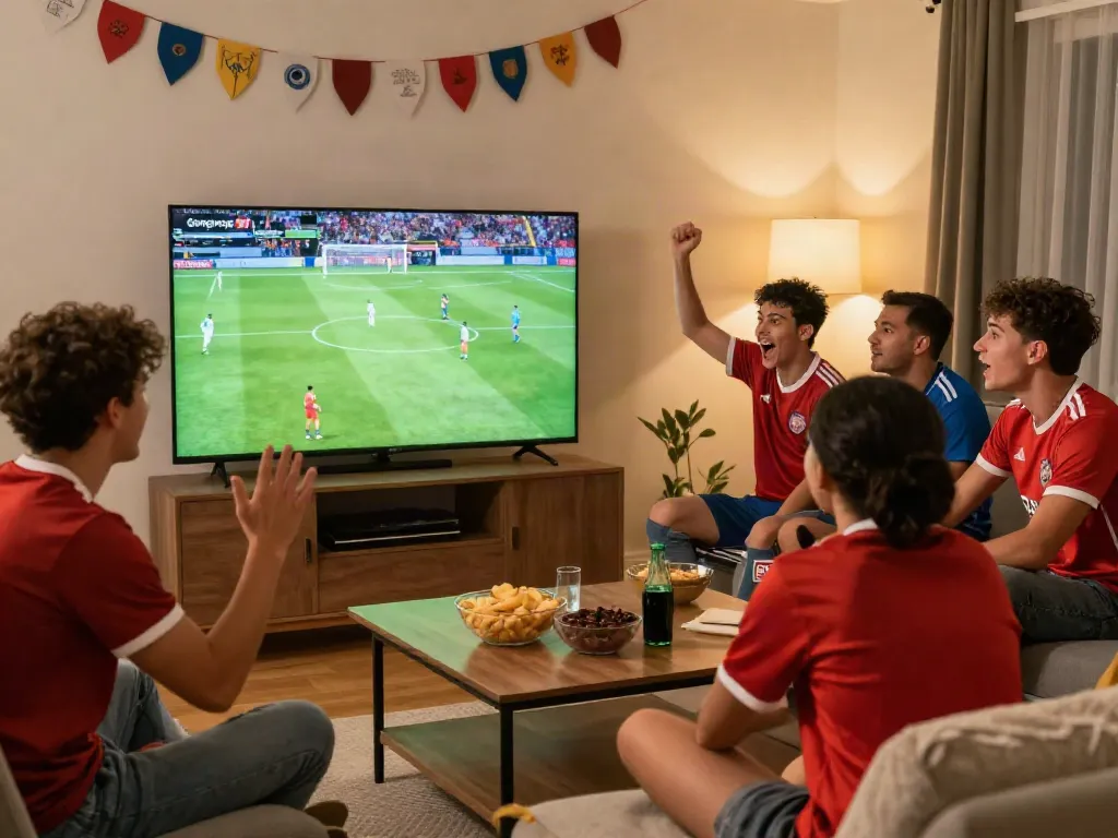People enjoying a live football match on GangvangTV, celebrating with snacks and drinks.