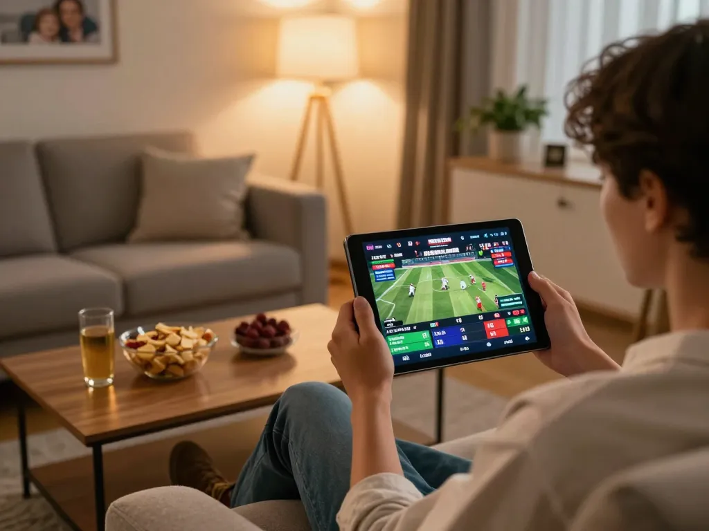 This dynamic image shows a user enjoying online sports betting on https://8kbets.moe/ from a cozy home setup with a tablet and snacks.