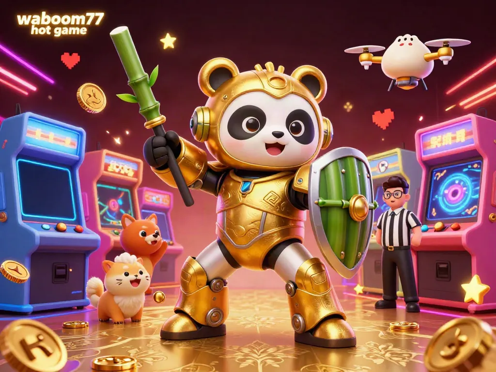 Experience the excitement of waboom77 hot game with a charming mech-suit panda in a lively casino.