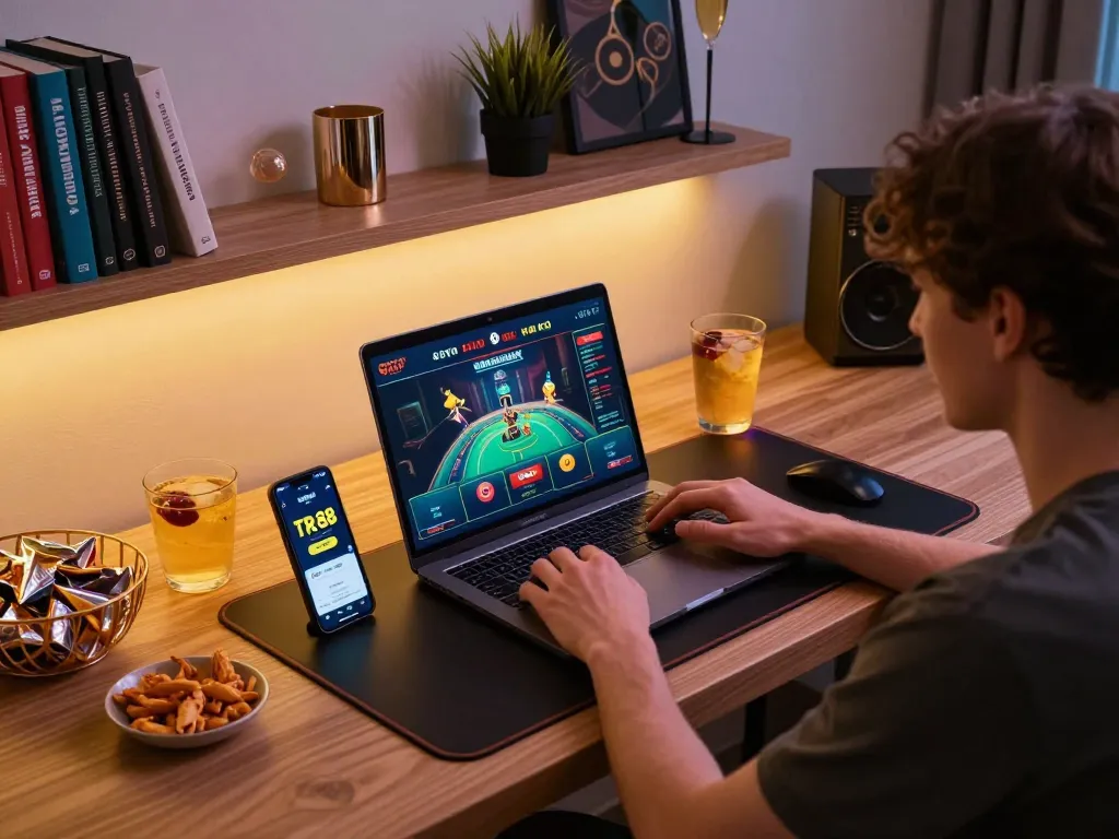 Player engaging in strategic gameplay on TR 88 online casino platform, laptop and mobile nearby