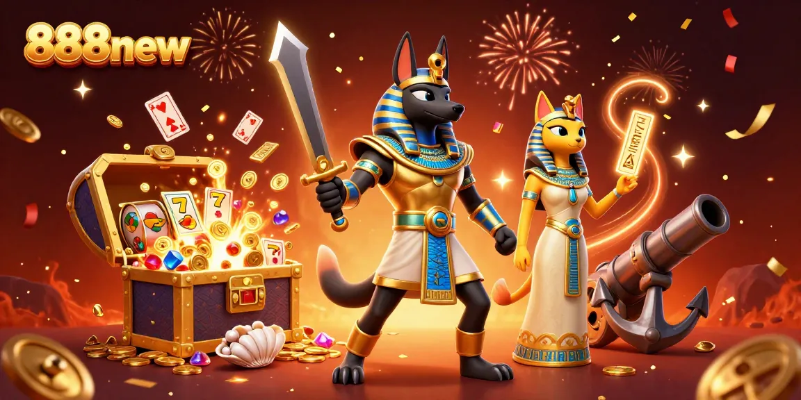 Experience big wins at 888new in a rich casino illustration showcasing Anubis, Bastet, and dynamic gaming elements.
