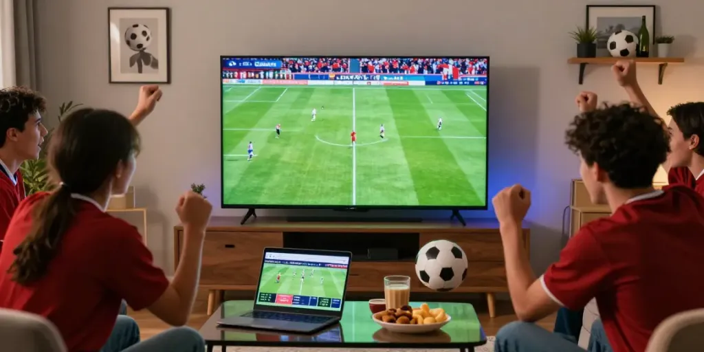 Friends enjoying live football on CakhiaTV in a cozy home setting.