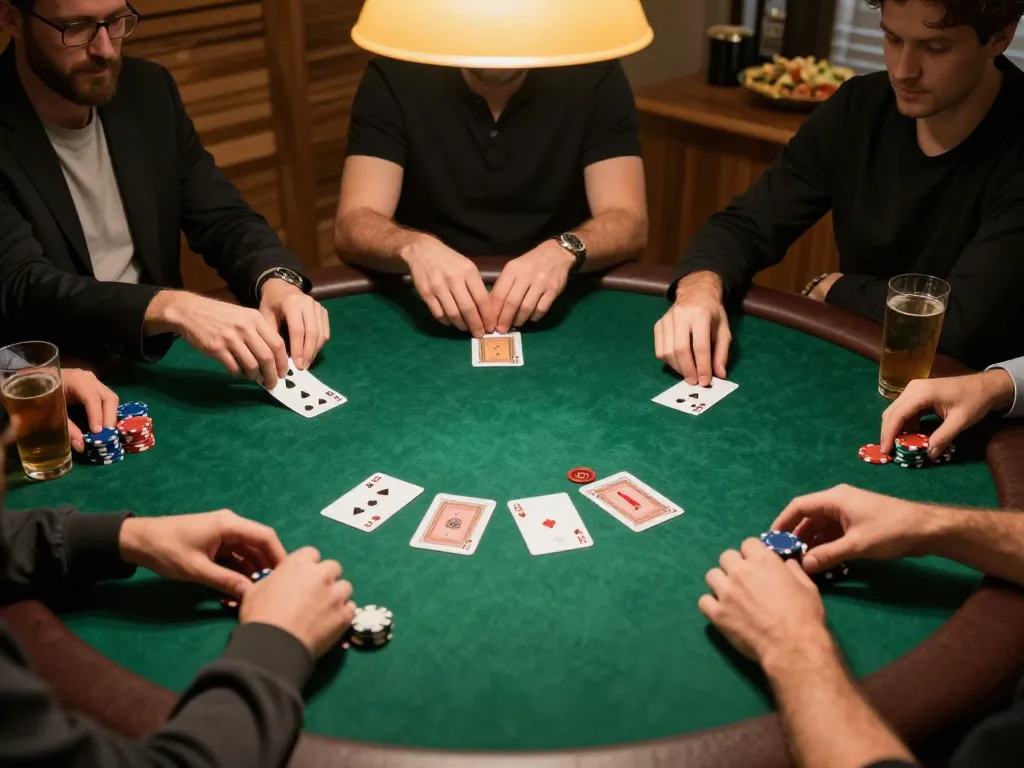 Hit-club poker players strategizing with chips stacked and community cards visible at a cozy home game