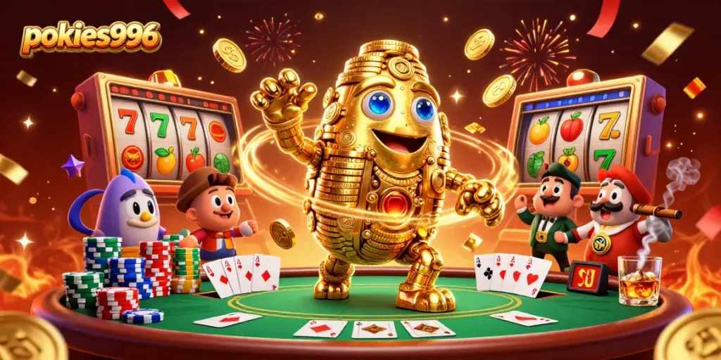 Experience thrilling wins with pokies996 and a vibrant display of slot reels and poker elements.