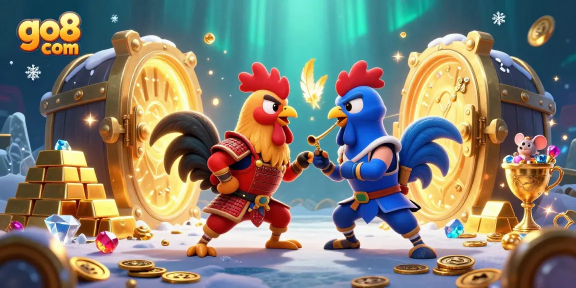 Engage with thrilling action at go8 com featuring a dynamic standoff between fighting roosters in 3D.