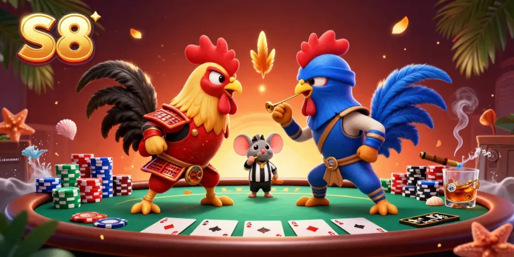 S8 showcases a thrilling 3D illustration of samurai and ninja roosters amidst poker chips and cards.
