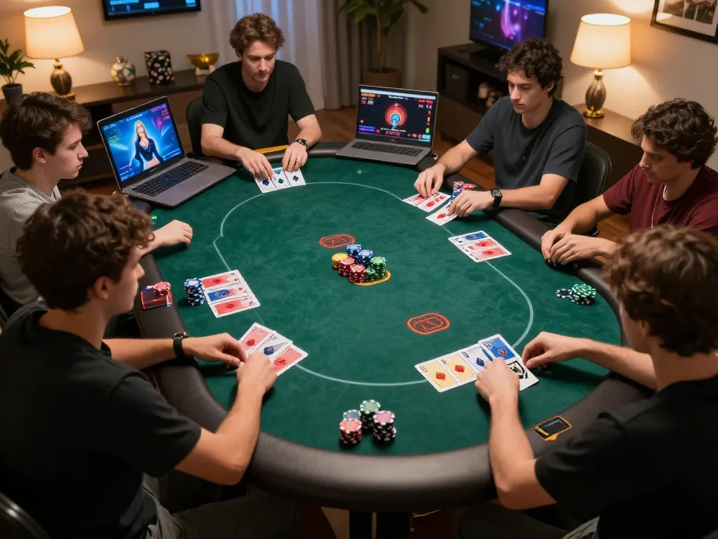Kuwin players engaging intensely in a live poker game, showcasing strategic card play and betting.