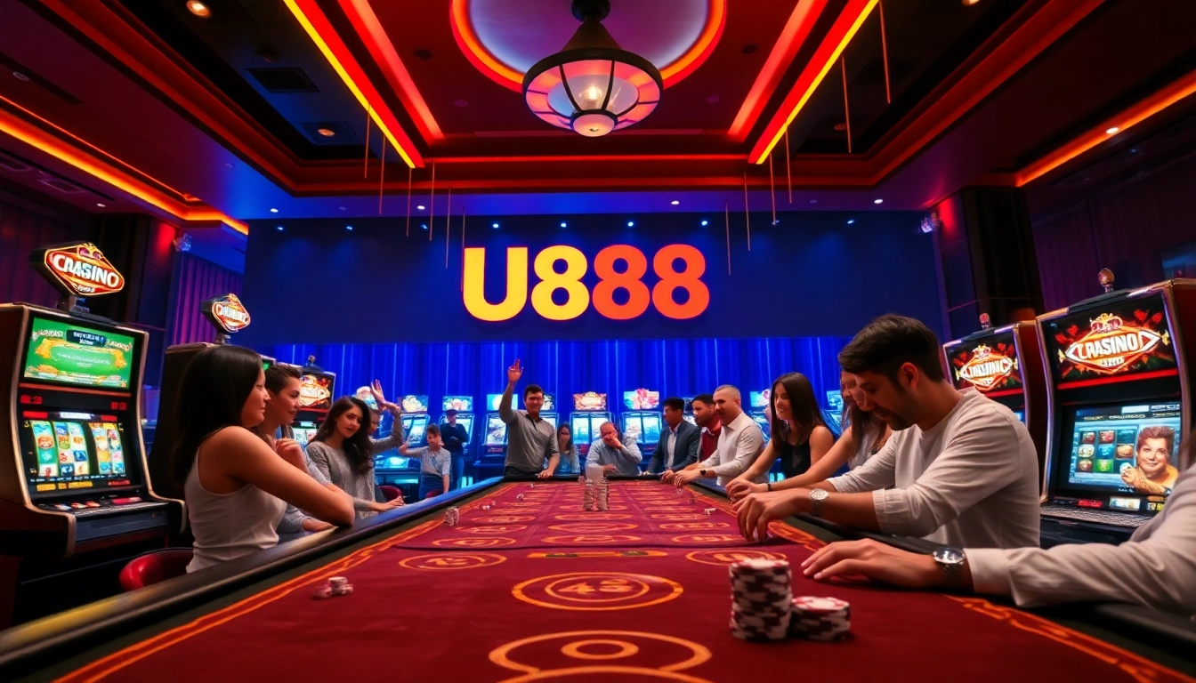 U888 showcases a vibrant online casino atmosphere with engaging players and colorful gaming elements.