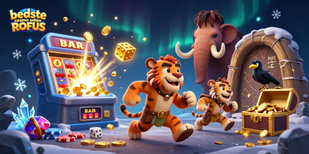 Experience the action at bedste casino uden ROFUS with a dynamic prehistoric casino scene featuring caveman characters, slot machines, and more.