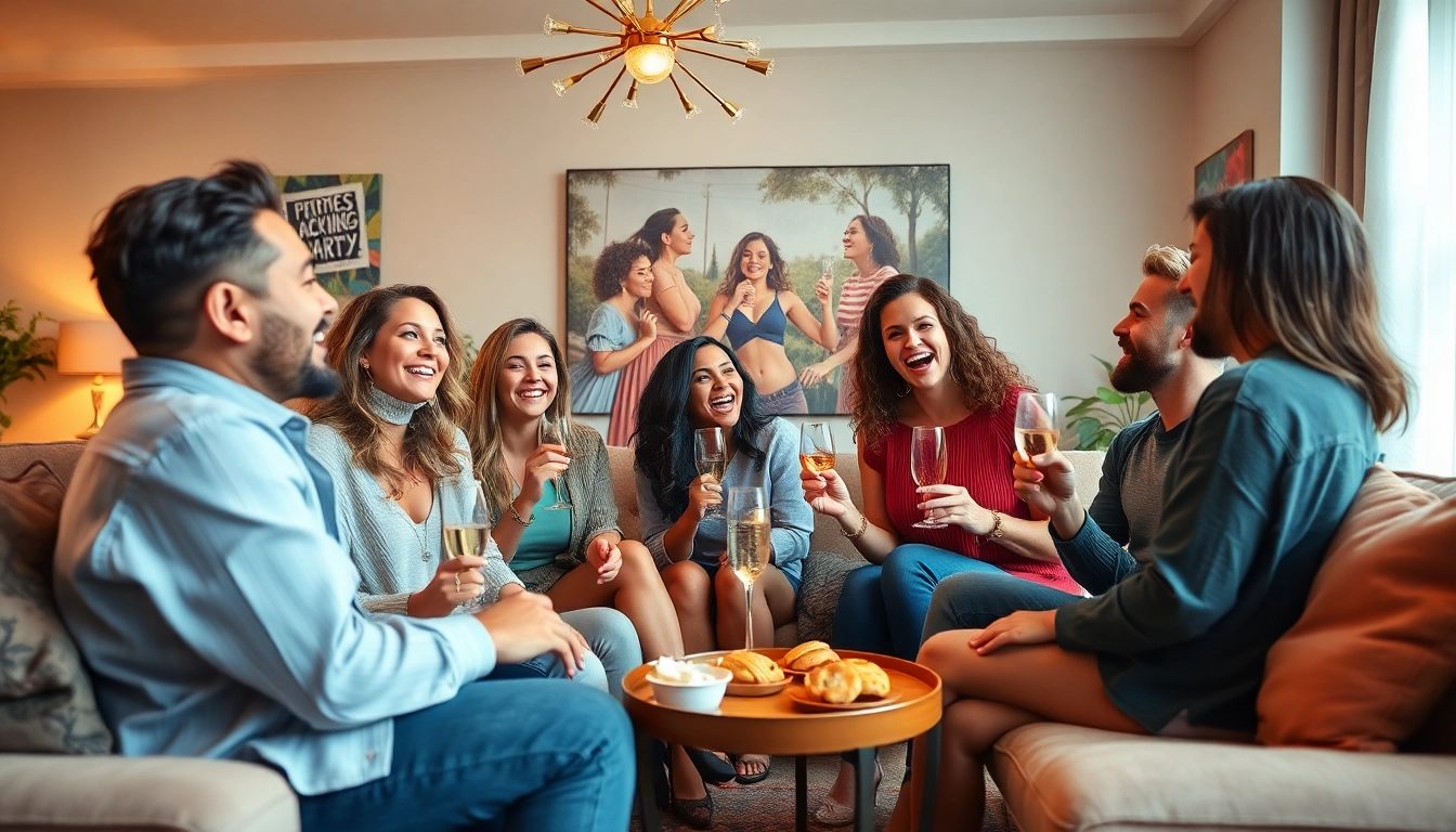 Svenska nakenbilder showcased in a lively atmosphere with friends enjoying a fun party, capturing playful and flirty interactions.
