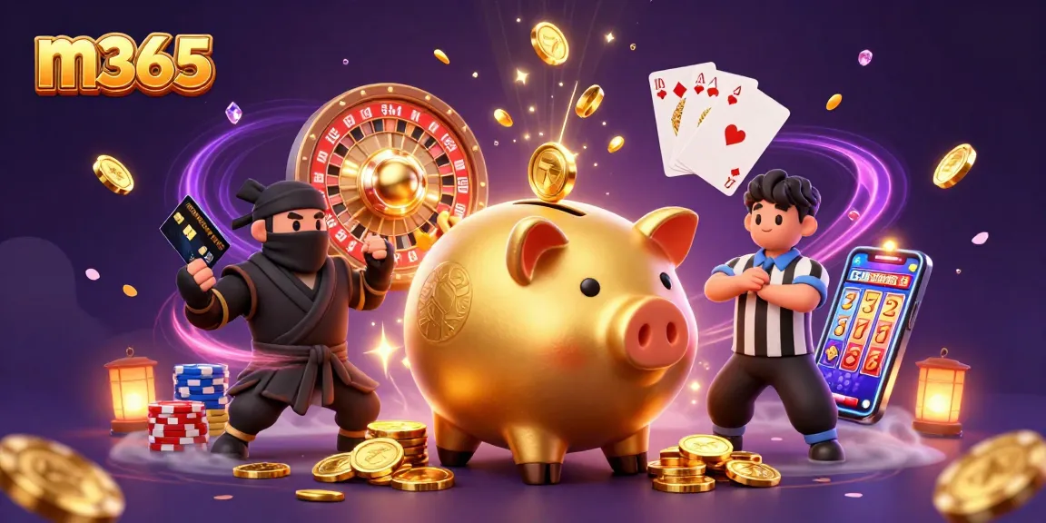 Watch m365 win fortunes as a golden sumo piggy bank stomps coins in this dynamic casino scene.