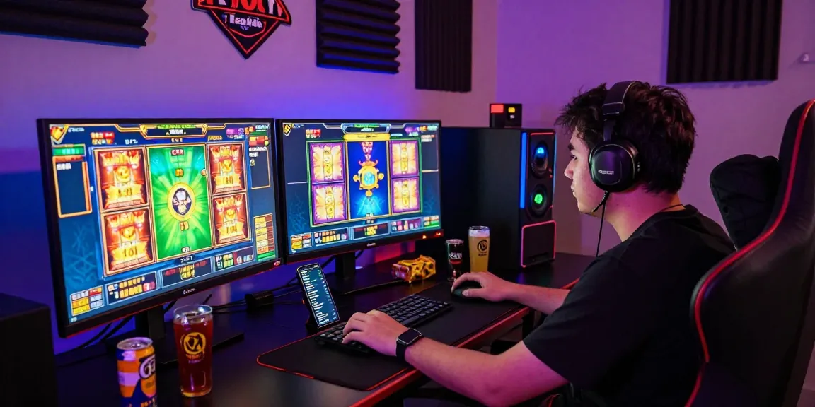 Player engaged in slot gacor gameplay with vibrant graphics and gaming gear.
