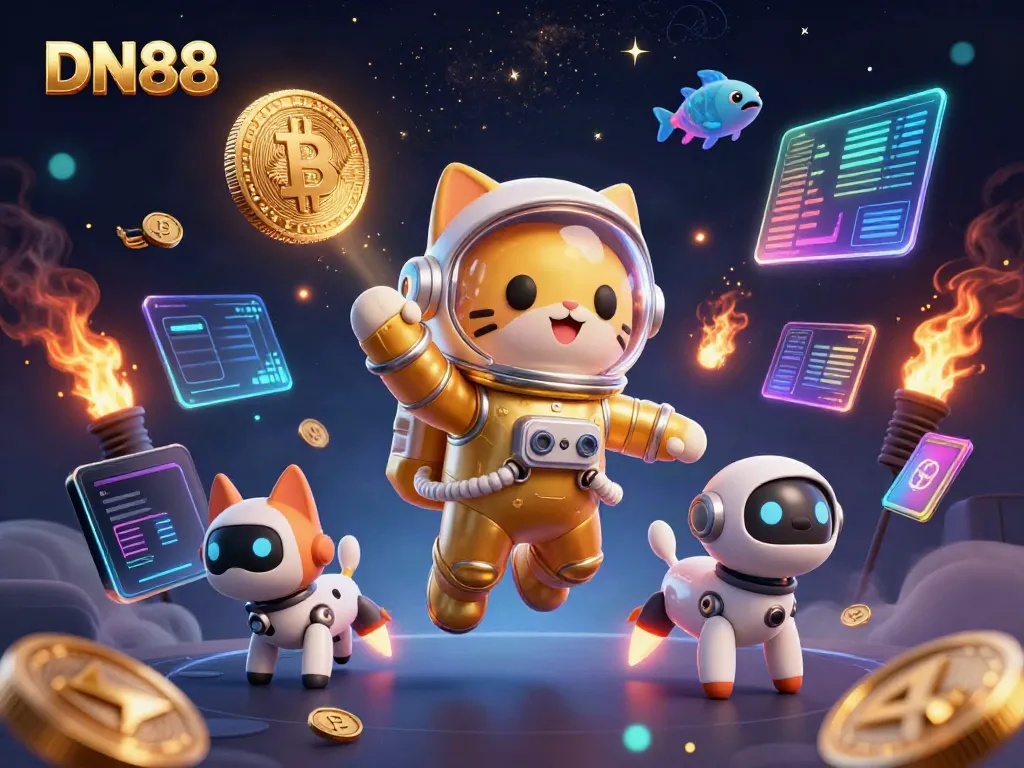 Experience the gaming world of DN88 with a dynamic 3D space adventure illustration featuring exciting crypto elements.