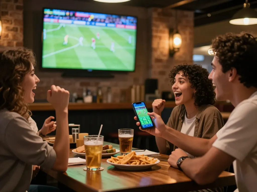 Socolive trực tiếp: Friends enjoying live soccer betting at a sports bar.