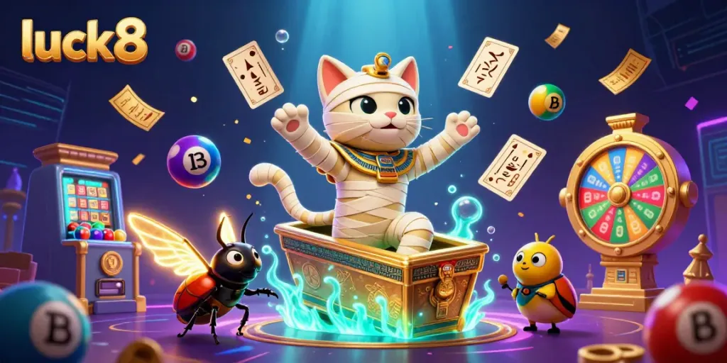 Win big with luck8 at the vibrant pyramid casino featuring a mummy cat and golden scarab beetle.