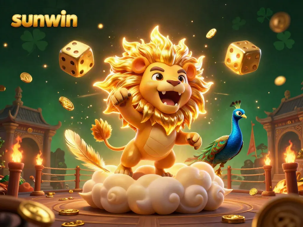 sunwin roaring lion animated in a vibrant casino scene with golden dice and dynamic gaming elements