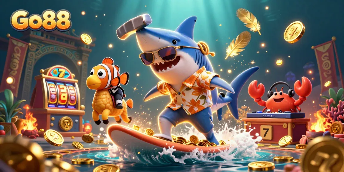 Experience the thrill of Go88 with a vibrant casino-themed 3D illustration featuring dynamic characters and elements.