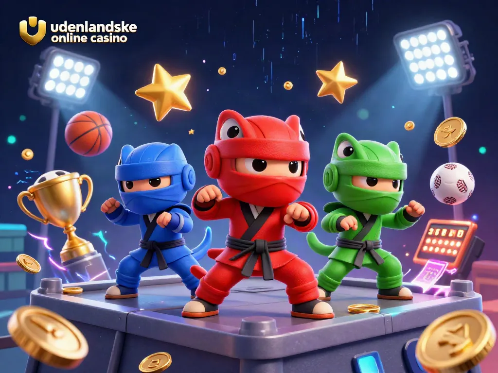 Experience the thrill of udenlandske online casino with a vibrant 3D illustration of chameleons and sports elements.
