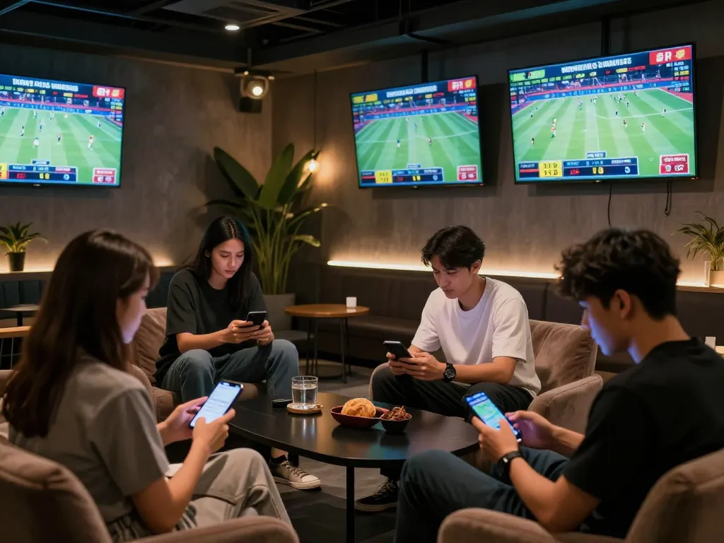 Checking tỷ lệ nhà cái on mobile while monitoring live sports events in a modern betting lounge.