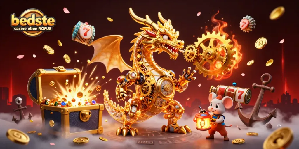 Experience the excitement of the best online casinos uden ROFUS with a golden dragon and vibrant game elements.