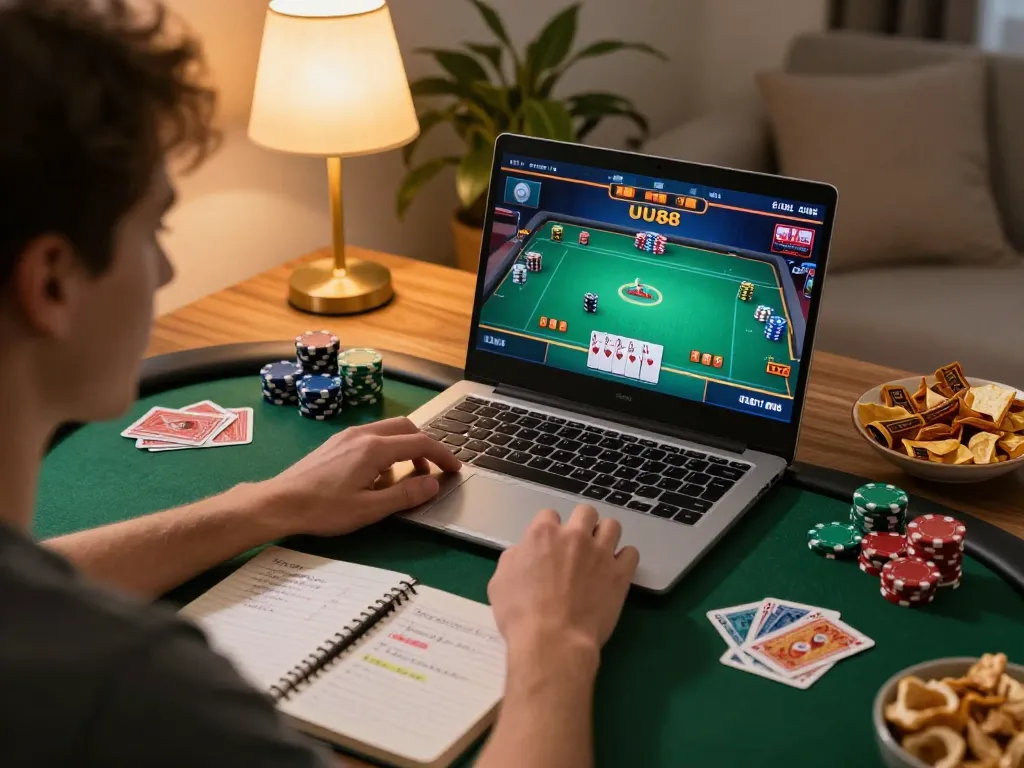 Player enjoying online poker at uu88, analyzing strategies on laptop with warm lighting.