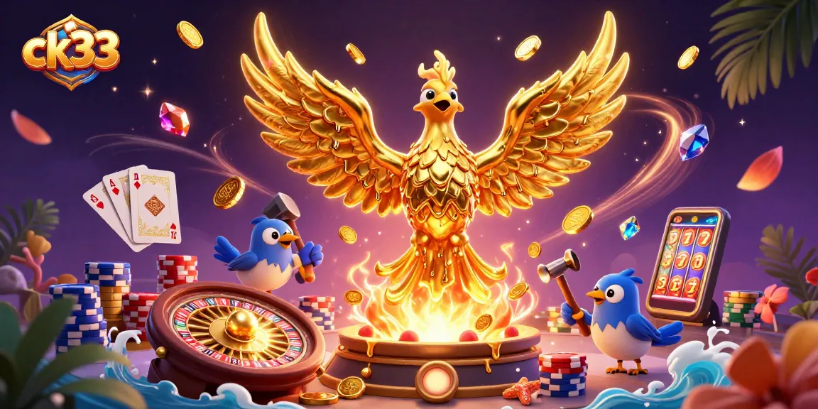 Experience the thrill of ck33 with a vibrant 3D casino scene featuring a golden phoenix and dynamic gaming elements.